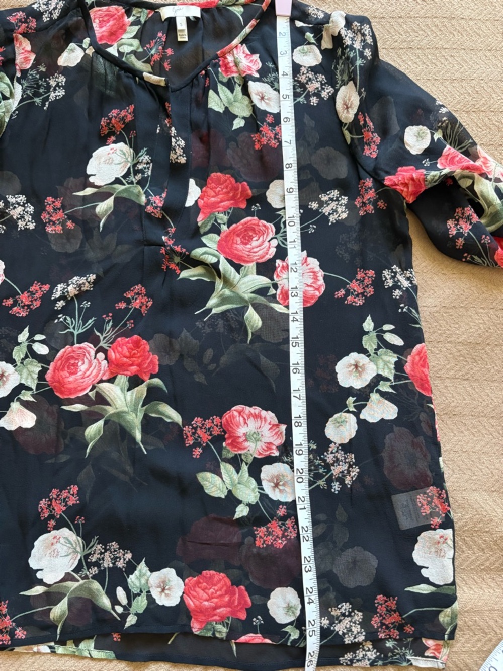 Joie Silk Black Sheer Floral V-Neck Skirt with Red and Cream Blooms - Picture 7 of 11